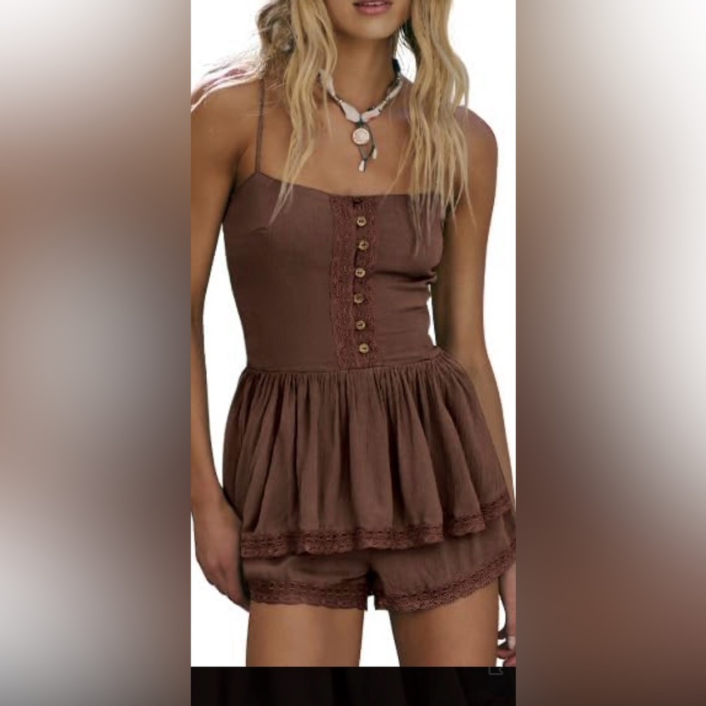 Brown Sleeveless Button-Down top and shorts set 2 pcs